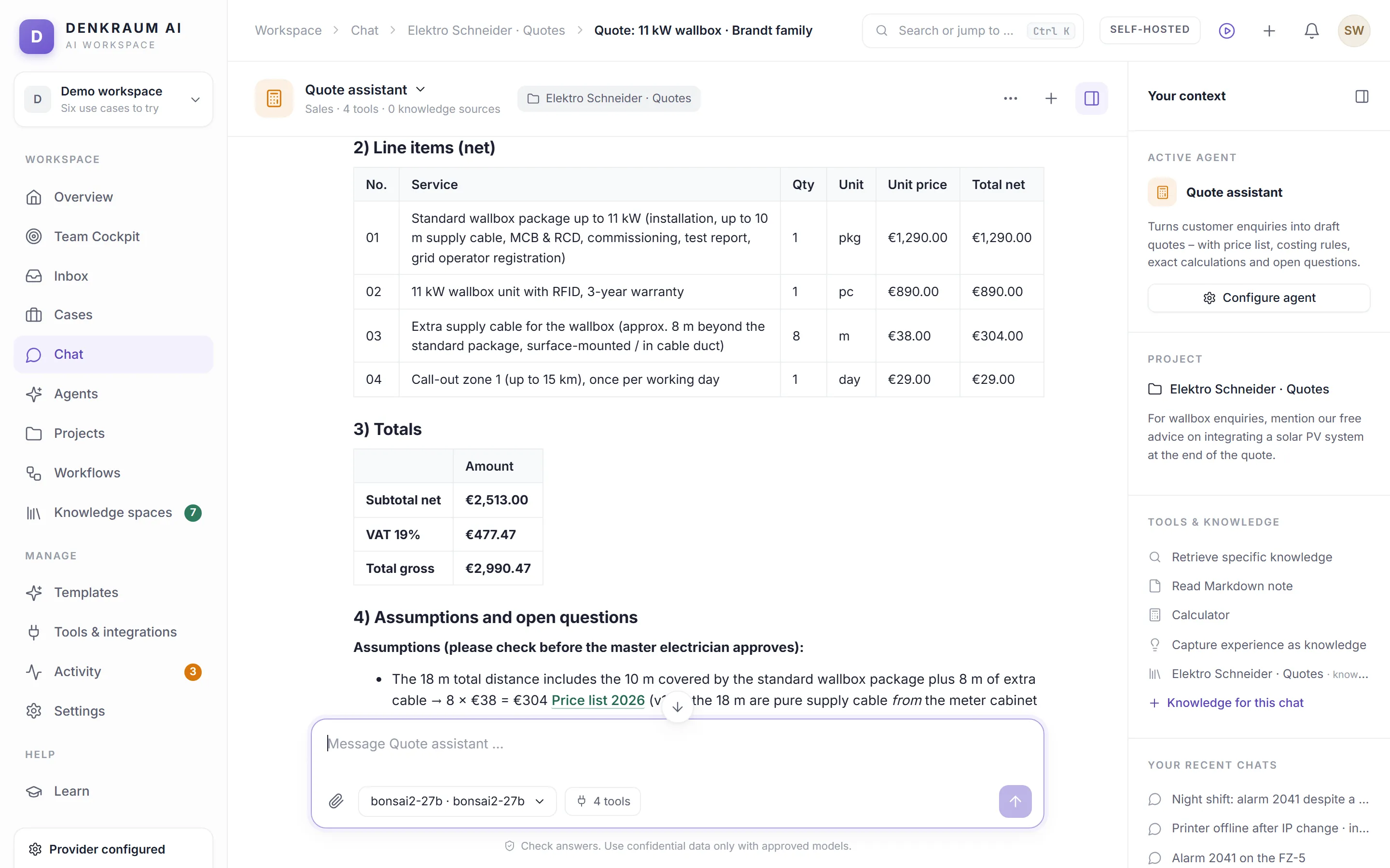 Chat with quote line items, prices and the context of the quote assistant