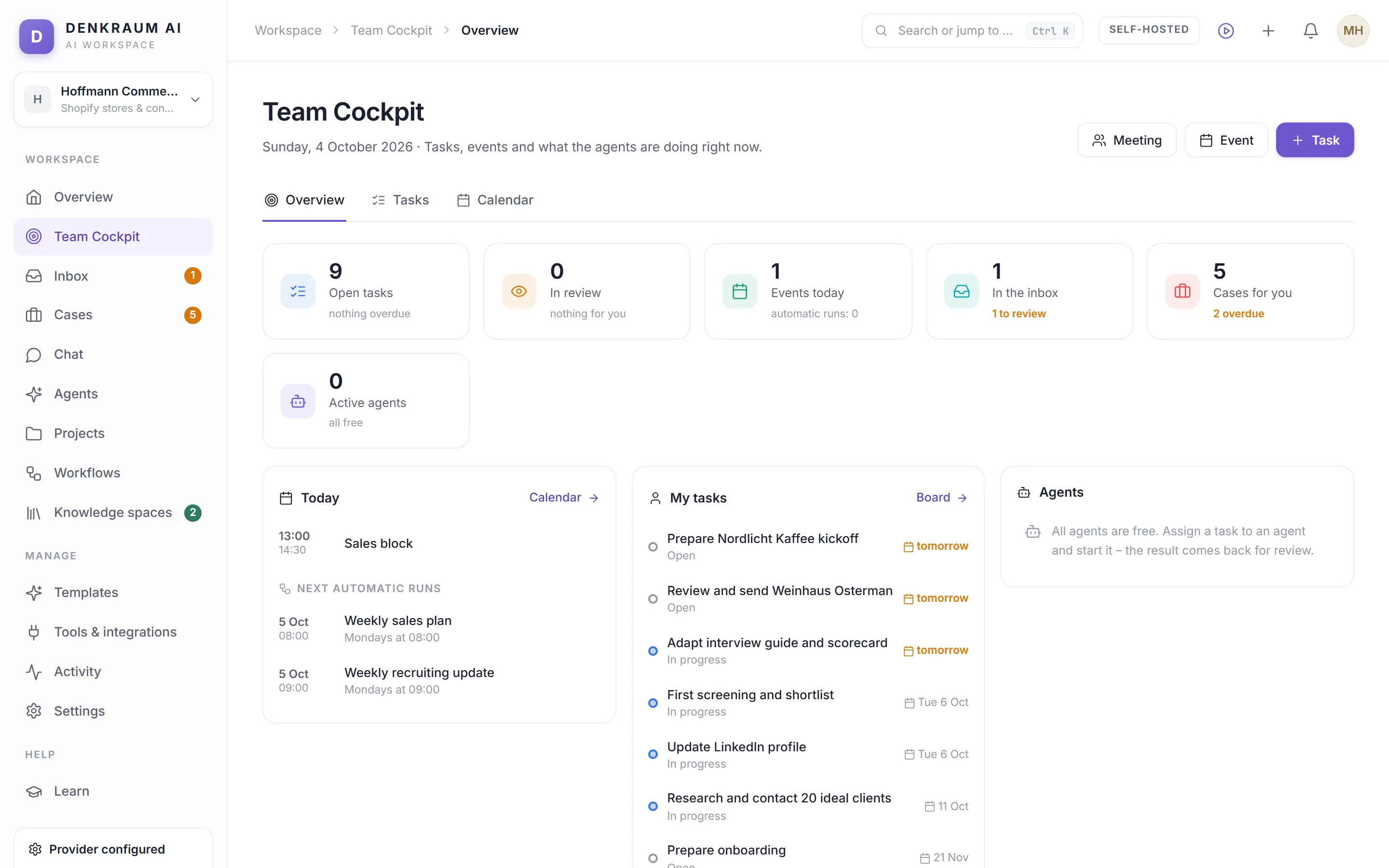 Team Cockpit with open tasks, events, inbox and due cases