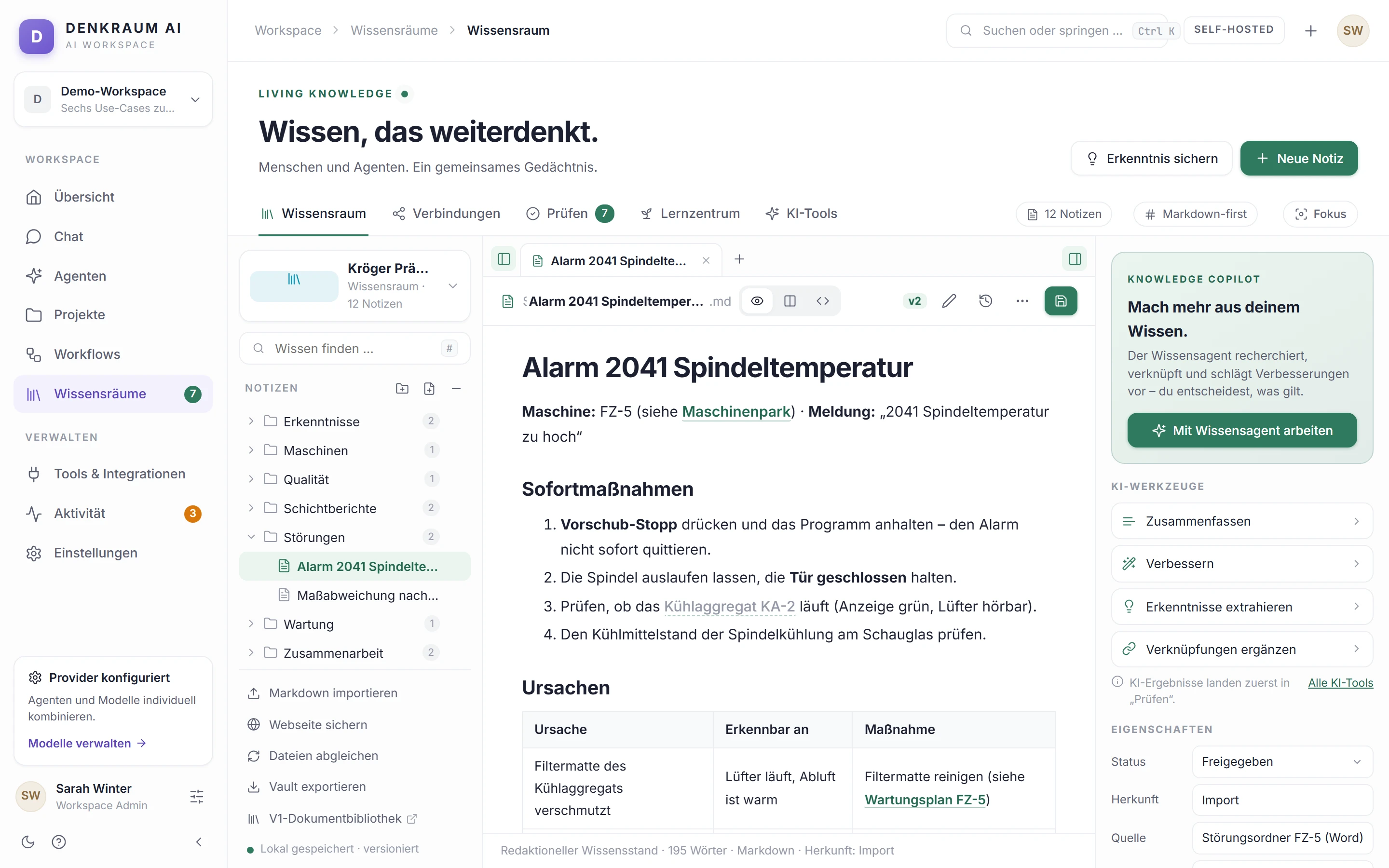 DENKRAUM Wissensraum mit Markdown-Notiz, Versionshistorie und Knowledge Copilot