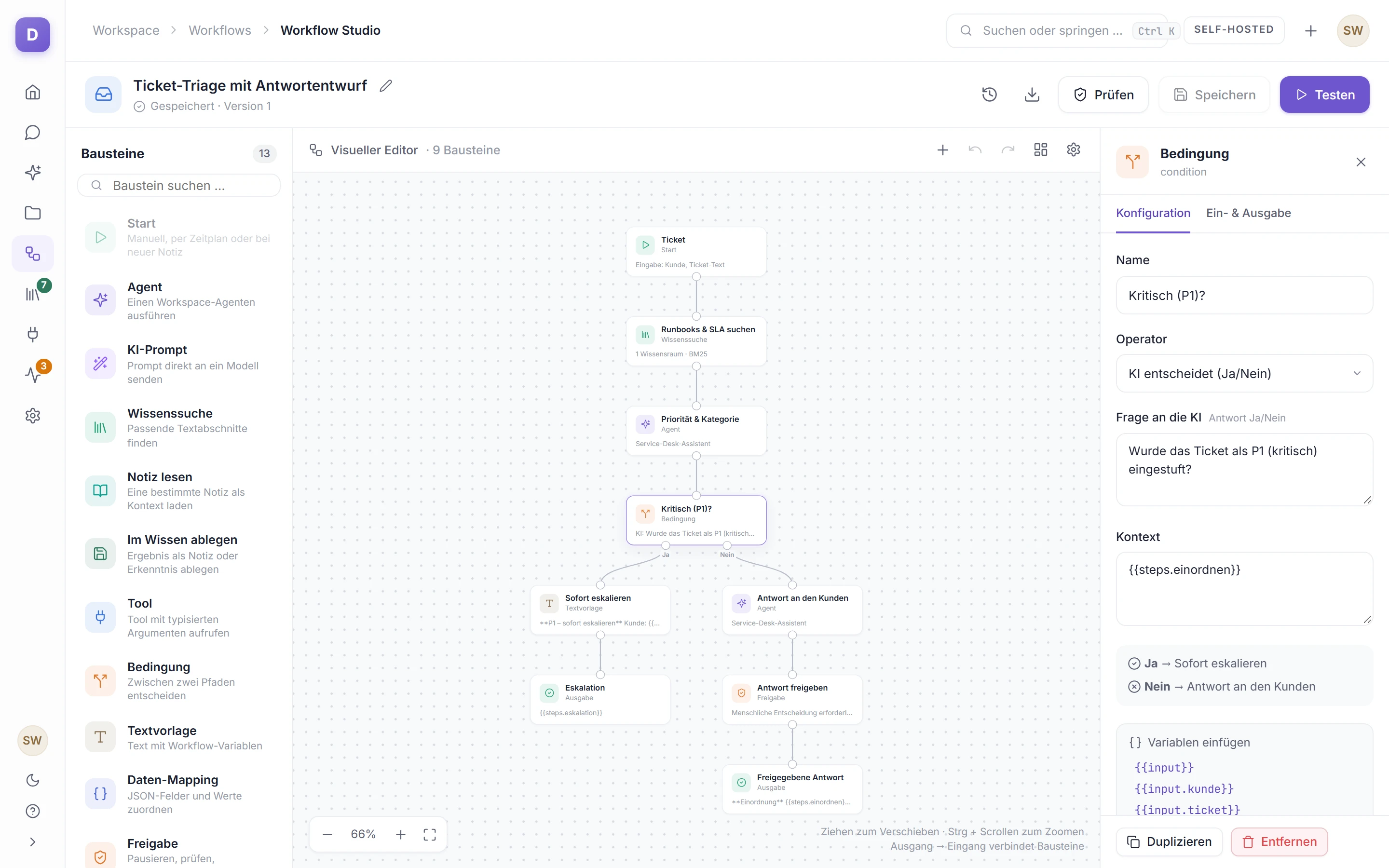 Visueller Workflow mit Wissenssuche, KI-Entscheidung und menschlicher Freigabe